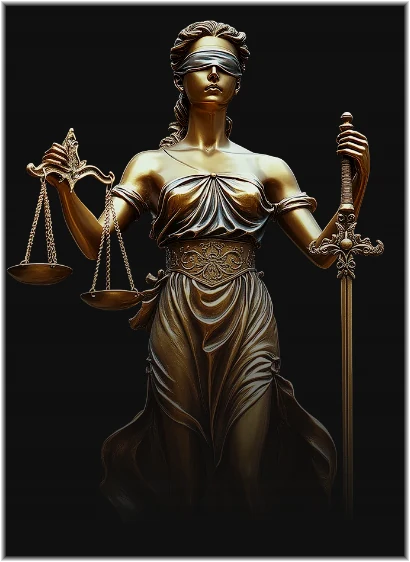 Adalet tanrıçası Themis heykeli — bir elinde terazi, diğerinde kılıç